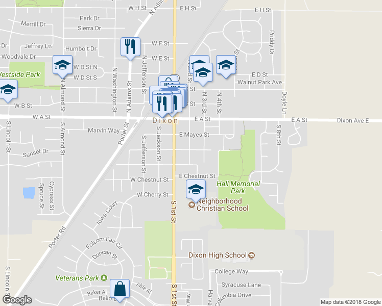 map of restaurants, bars, coffee shops, grocery stores, and more near 331 South 2nd Street in Dixon