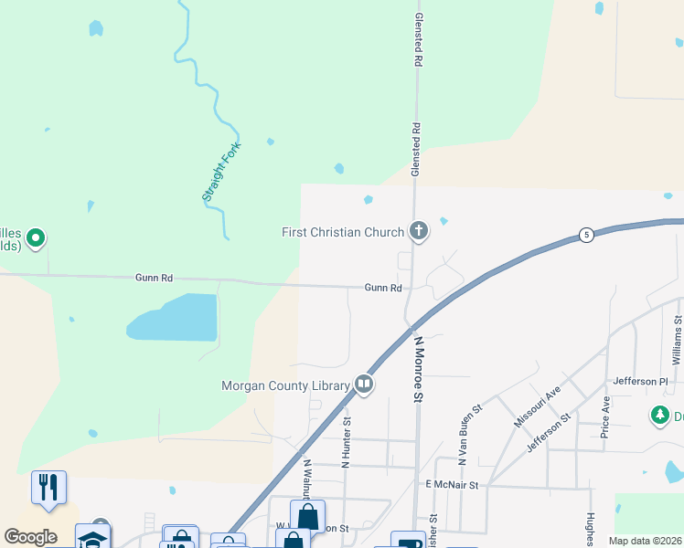 map of restaurants, bars, coffee shops, grocery stores, and more near 120 Gunn Road in Versailles