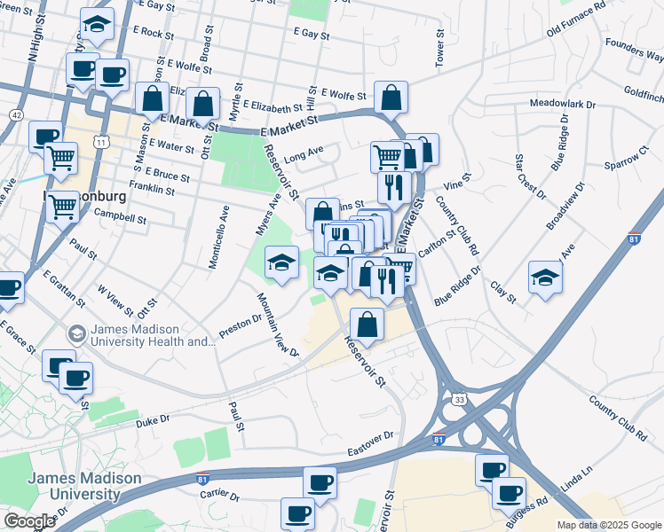 map of restaurants, bars, coffee shops, grocery stores, and more near 98 South Carlton Street in Harrisonburg