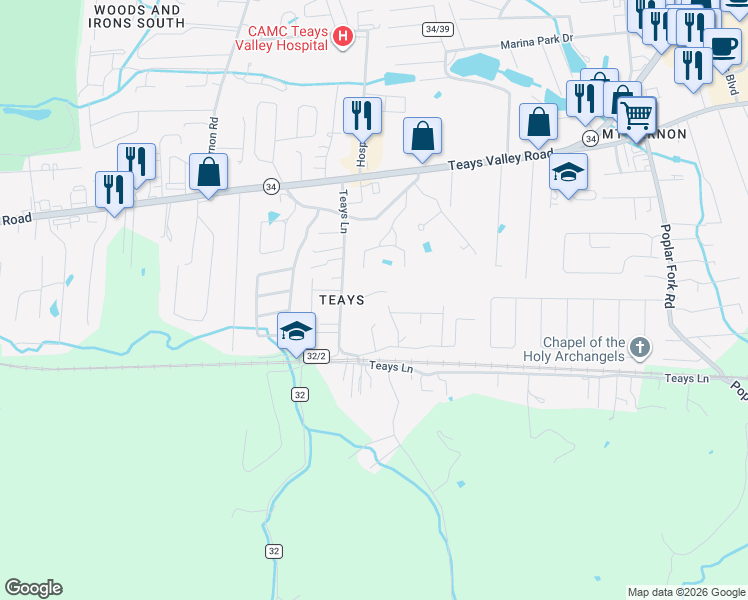 map of restaurants, bars, coffee shops, grocery stores, and more near 80 Teays Lane in Hurricane