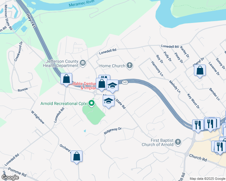 map of restaurants, bars, coffee shops, grocery stores, and more near 1760 Astra Way in Arnold