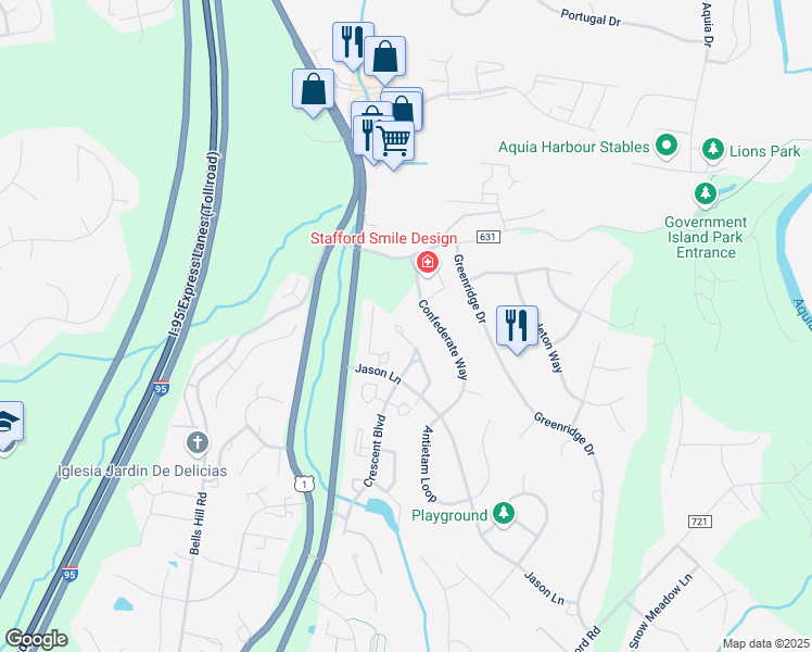 map of restaurants, bars, coffee shops, grocery stores, and more near 606 Hatchers Run Court in Stafford