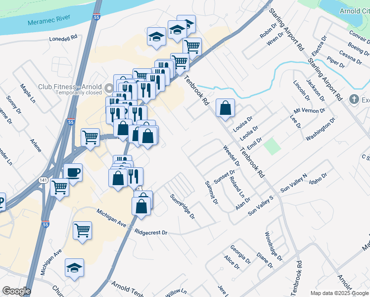 map of restaurants, bars, coffee shops, grocery stores, and more near 888 Hill Ct in Arnold