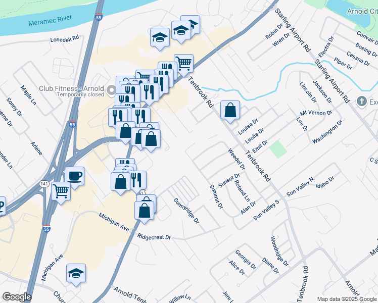 map of restaurants, bars, coffee shops, grocery stores, and more near 888 Hill Court in Arnold