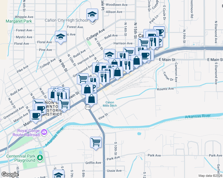 map of restaurants, bars, coffee shops, grocery stores, and more near 1122 Royal Gorge Boulevard in Cañon City