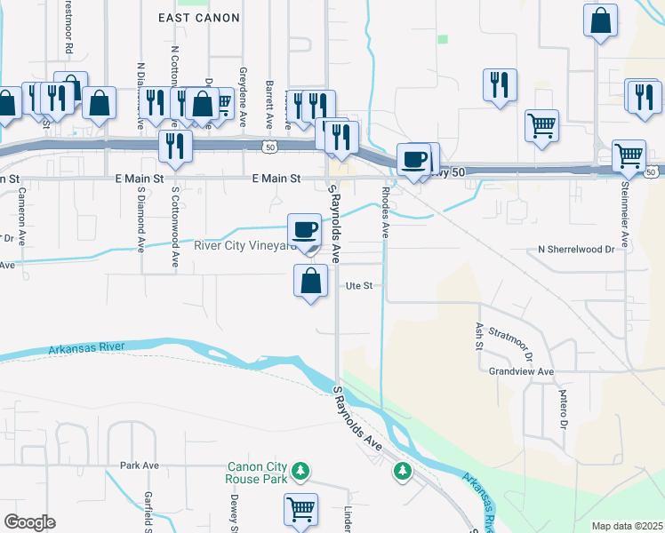 map of restaurants, bars, coffee shops, grocery stores, and more near 295 South Raynolds Avenue in Cañon City