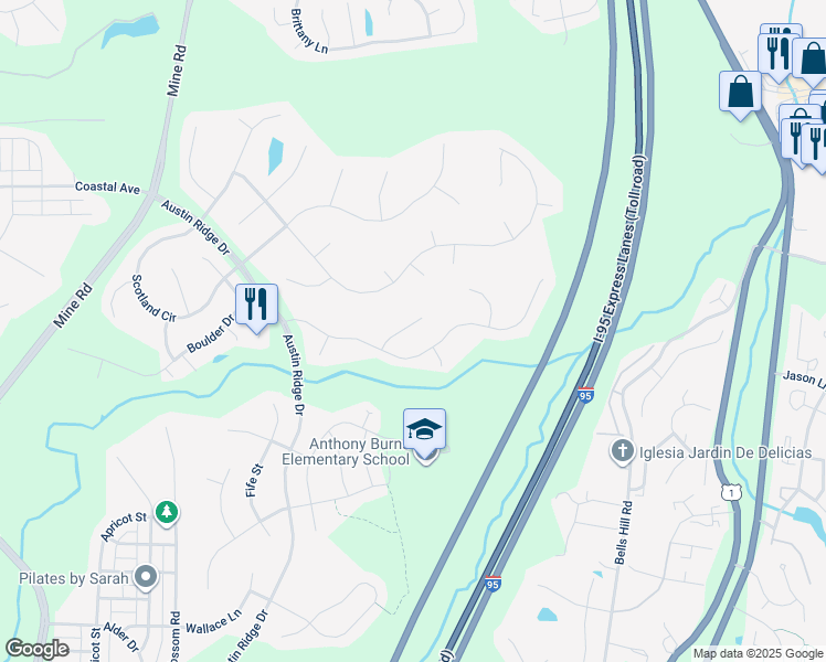 map of restaurants, bars, coffee shops, grocery stores, and more near 10 Basket Court in Stafford