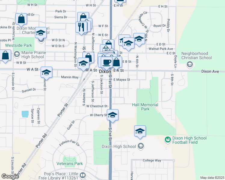 map of restaurants, bars, coffee shops, grocery stores, and more near 311 South 1st Street in Dixon