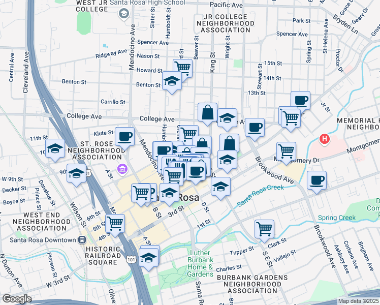 map of restaurants, bars, coffee shops, grocery stores, and more near 810 7th Street in Santa Rosa