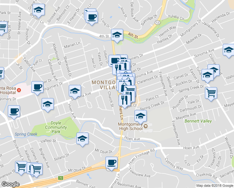 map of restaurants, bars, coffee shops, grocery stores, and more near 725 Farmers Lane in Santa Rosa