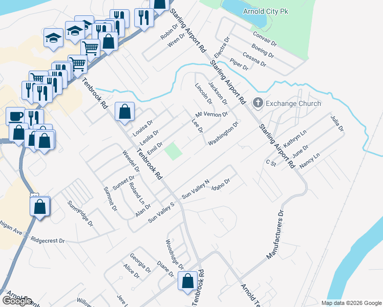 map of restaurants, bars, coffee shops, grocery stores, and more near 667 Washington Drive in Arnold