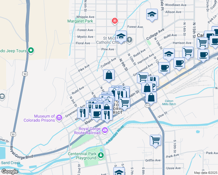 map of restaurants, bars, coffee shops, grocery stores, and more near 623 Greenwood Avenue in Cañon City