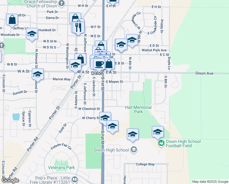 map of restaurants, bars, coffee shops, grocery stores, and more near 301 South 2nd Street in Dixon