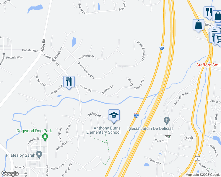 map of restaurants, bars, coffee shops, grocery stores, and more near 10 Basket Court in Stafford