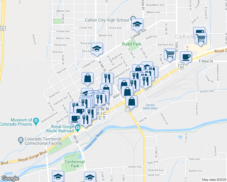map of restaurants, bars, coffee shops, grocery stores, and more near 813 Macon Avenue in Cañon City
