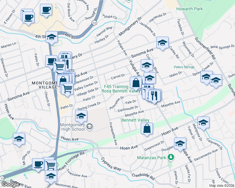 map of restaurants, bars, coffee shops, grocery stores, and more near 3032 Spring Creek Drive in Santa Rosa