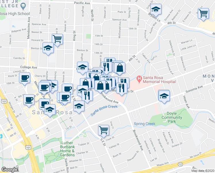 map of restaurants, bars, coffee shops, grocery stores, and more near 1029 3rd Street in Santa Rosa
