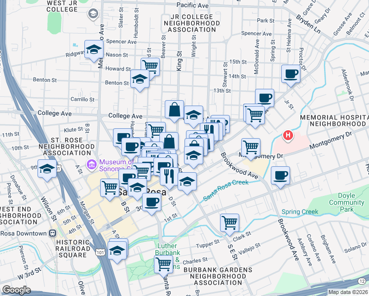 map of restaurants, bars, coffee shops, grocery stores, and more near 835 5th Street in Santa Rosa
