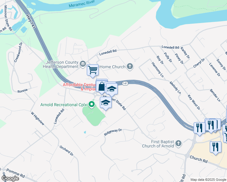 map of restaurants, bars, coffee shops, grocery stores, and more near 1760 Astra Way in Arnold