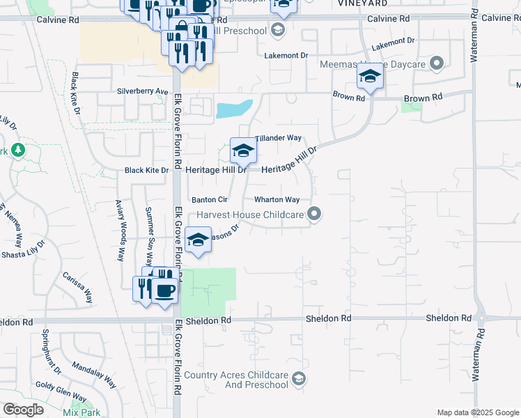 map of restaurants, bars, coffee shops, grocery stores, and more near 8658 Irish Moss Court in Elk Grove