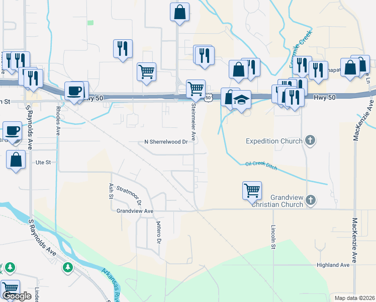 map of restaurants, bars, coffee shops, grocery stores, and more near 3071 South Sherrelwood Drive in Cañon City