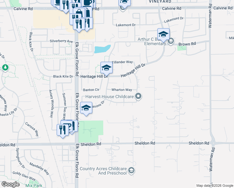 map of restaurants, bars, coffee shops, grocery stores, and more near 8658 Irish Moss Court in Elk Grove