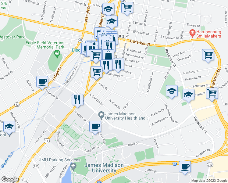 map of restaurants, bars, coffee shops, grocery stores, and more near 498 South Mason Street in Harrisonburg