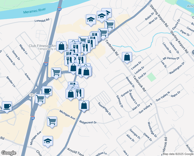 map of restaurants, bars, coffee shops, grocery stores, and more near 2115 Berrywood Ct in Arnold