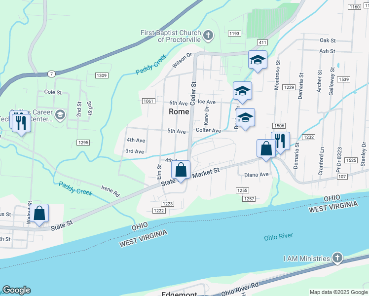map of restaurants, bars, coffee shops, grocery stores, and more near 145 County Road 411 in Proctorville