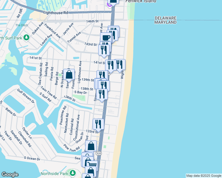 map of restaurants, bars, coffee shops, grocery stores, and more near 13600 Coastal Highway in Ocean City