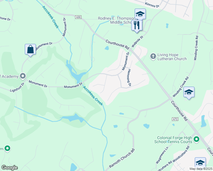 map of restaurants, bars, coffee shops, grocery stores, and more near 7 Toliver Lane in Stafford