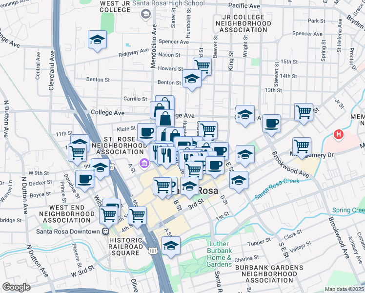 map of restaurants, bars, coffee shops, grocery stores, and more near 522 Riley Street in Santa Rosa