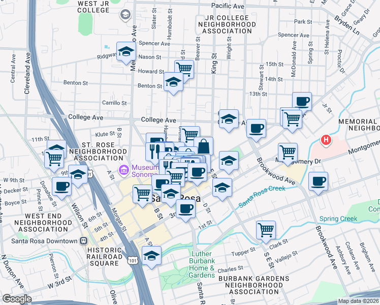 map of restaurants, bars, coffee shops, grocery stores, and more near 713 7th Street in Santa Rosa