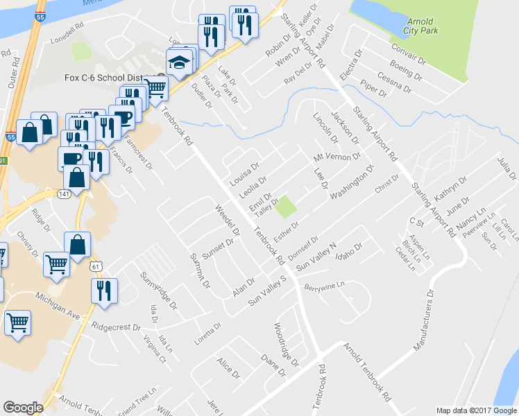 map of restaurants, bars, coffee shops, grocery stores, and more near 746 Emil Drive in Arnold