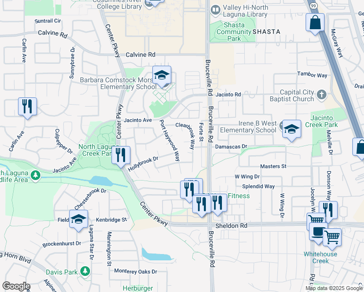 map of restaurants, bars, coffee shops, grocery stores, and more near 7 Bent Creek Court in Sacramento