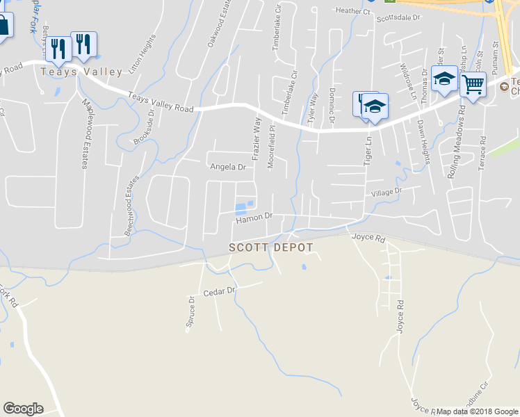 map of restaurants, bars, coffee shops, grocery stores, and more near 331 Frazier Way in Teays Valley