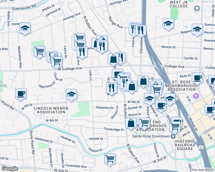 map of restaurants, bars, coffee shops, grocery stores, and more near 947 Kingwood St in Santa Rosa