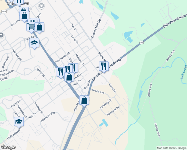 map of restaurants, bars, coffee shops, grocery stores, and more near 1121 Indiana 62 in Charlestown