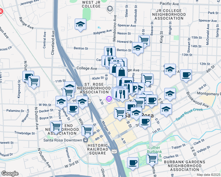 map of restaurants, bars, coffee shops, grocery stores, and more near 558 B Street in Santa Rosa
