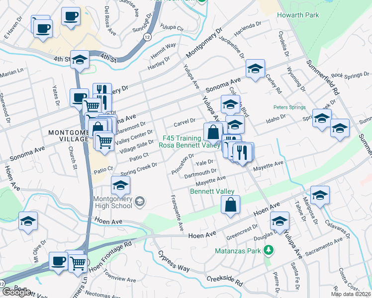 map of restaurants, bars, coffee shops, grocery stores, and more near 3032 Spring Creek Drive in Santa Rosa