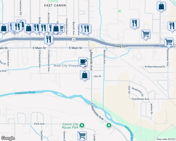 map of restaurants, bars, coffee shops, grocery stores, and more near 295 S Raynolds Ave in Cañon City