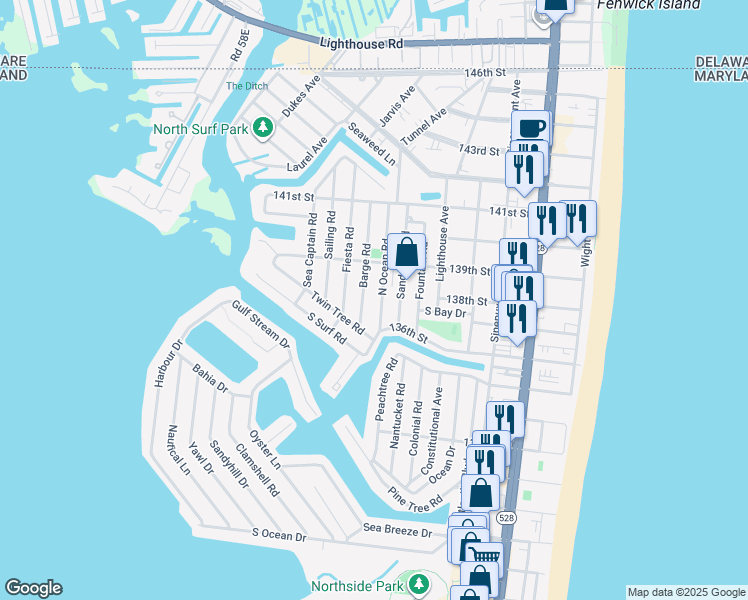 map of restaurants, bars, coffee shops, grocery stores, and more near 13703 North Ocean Road in Ocean City