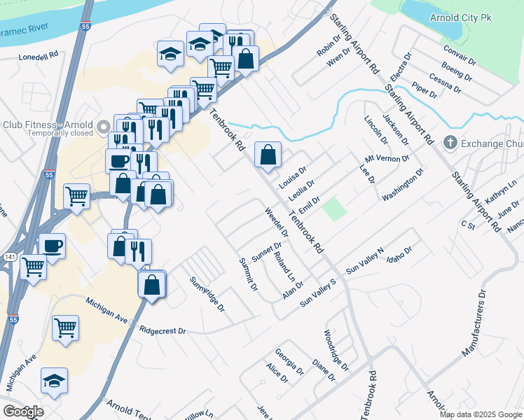 map of restaurants, bars, coffee shops, grocery stores, and more near 2259 Weedel Drive in Arnold