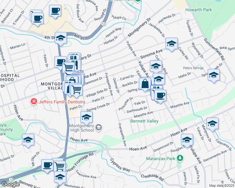 map of restaurants, bars, coffee shops, grocery stores, and more near 1027 Delmar Drive in Santa Rosa
