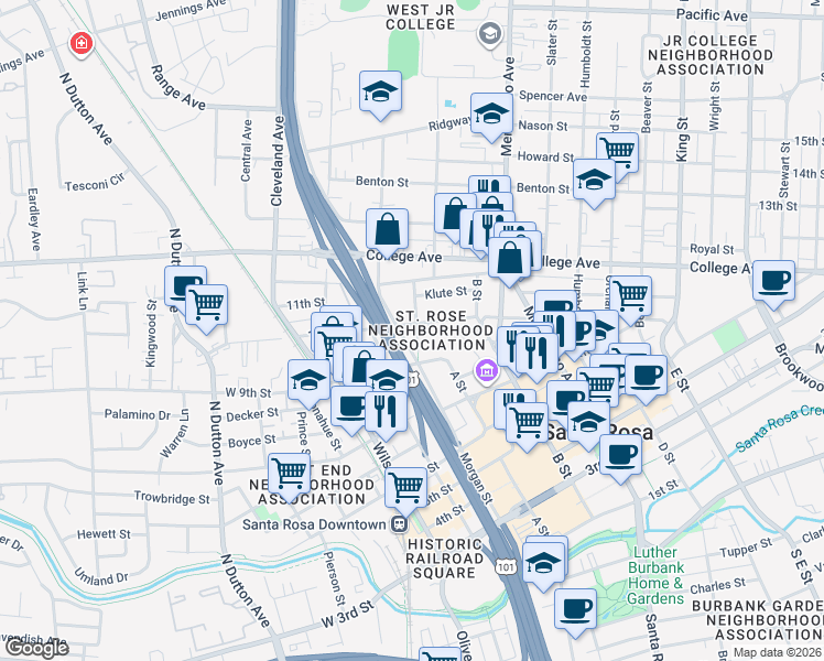 map of restaurants, bars, coffee shops, grocery stores, and more near 837 Washington Street in Santa Rosa