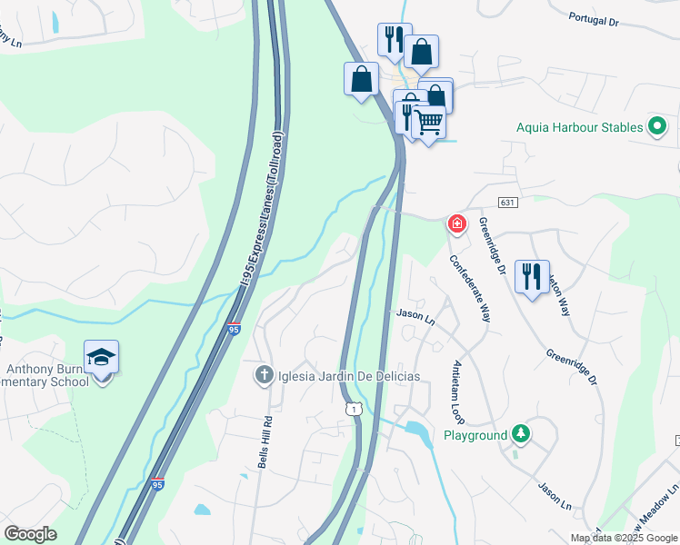 map of restaurants, bars, coffee shops, grocery stores, and more near 3 Bells Ridge Drive in Stafford