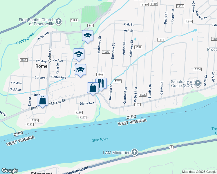 map of restaurants, bars, coffee shops, grocery stores, and more near 141 Township Road 1105 in Proctorville