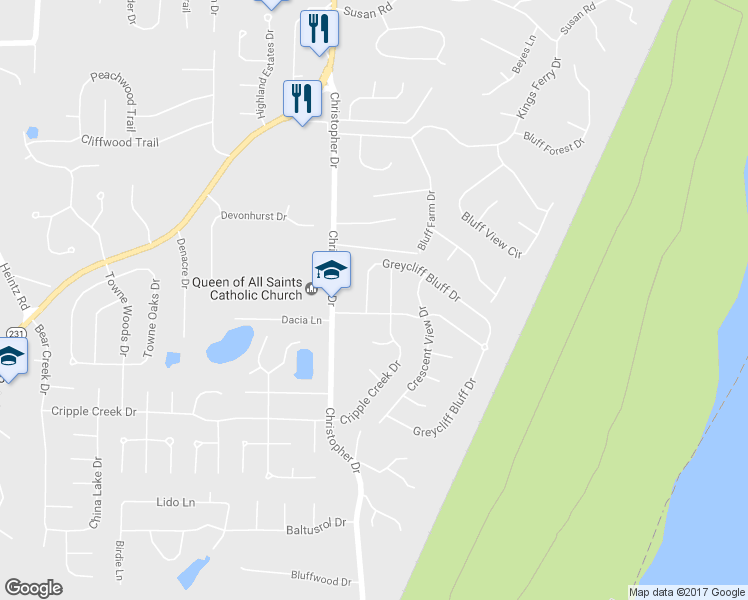 map of restaurants, bars, coffee shops, grocery stores, and more near 122 Greycliff Bluff Dr in St Louis