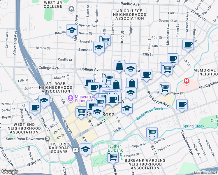 map of restaurants, bars, coffee shops, grocery stores, and more near 446 Beaver Street in Santa Rosa