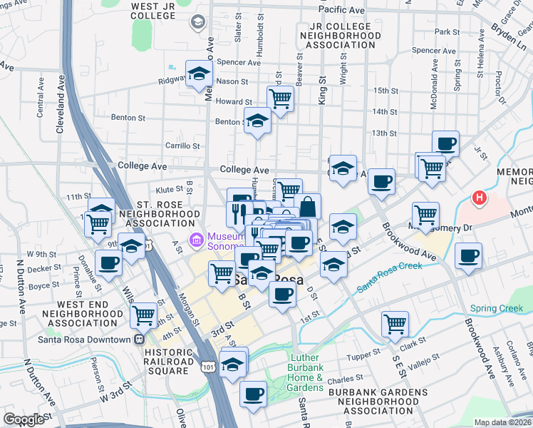 map of restaurants, bars, coffee shops, grocery stores, and more near 713 7th Street in Santa Rosa
